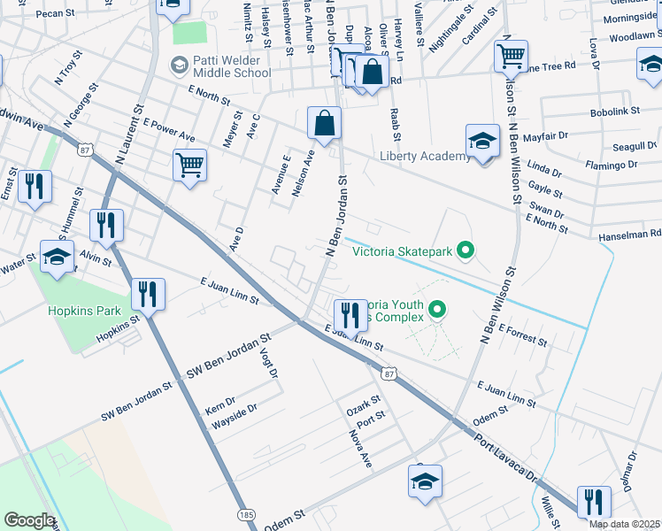 map of restaurants, bars, coffee shops, grocery stores, and more near 103 North Ben Jordan Street in Victoria