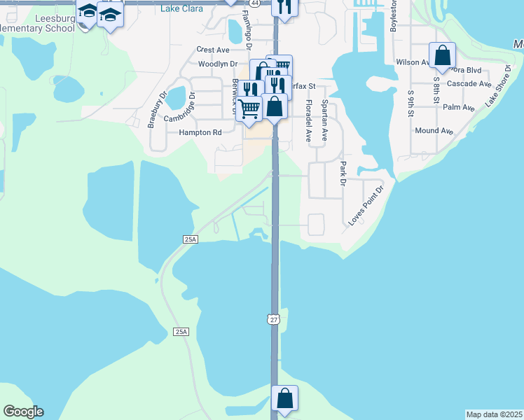 map of restaurants, bars, coffee shops, grocery stores, and more near 1408 Old Harbor Boulevard in Leesburg