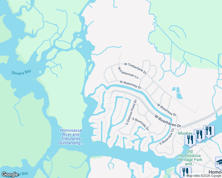map of restaurants, bars, coffee shops, grocery stores, and more near 11890 West Waterway Drive in Homosassa