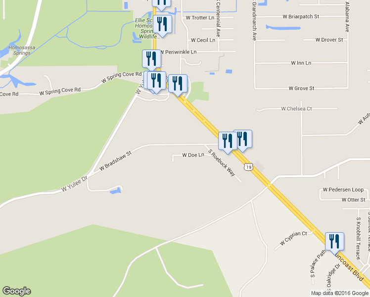 map of restaurants, bars, coffee shops, grocery stores, and more near 8434 West Bradshaw Street in Homosassa
