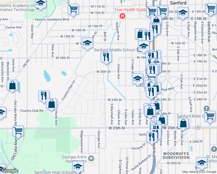 map of restaurants, bars, coffee shops, grocery stores, and more near 2205 Mitch Court East in Sanford