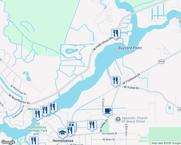 map of restaurants, bars, coffee shops, grocery stores, and more near 10670 West Halls River Road in Homosassa
