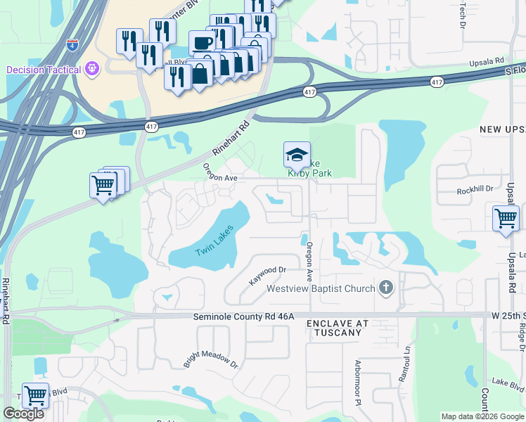 map of restaurants, bars, coffee shops, grocery stores, and more near 1821 Retreat View Circle in Sanford