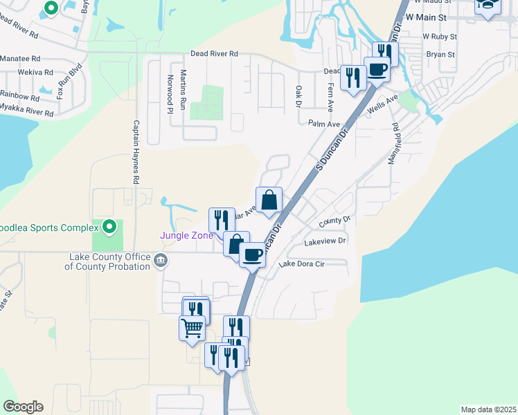 map of restaurants, bars, coffee shops, grocery stores, and more near 1121 Cedar Avenue in Tavares