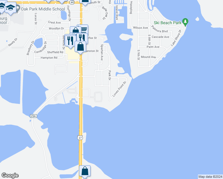 map of restaurants, bars, coffee shops, grocery stores, and more near 1614 Park Drive in Leesburg