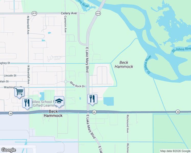 map of restaurants, bars, coffee shops, grocery stores, and more near 2540 Bullion Loop in Sanford