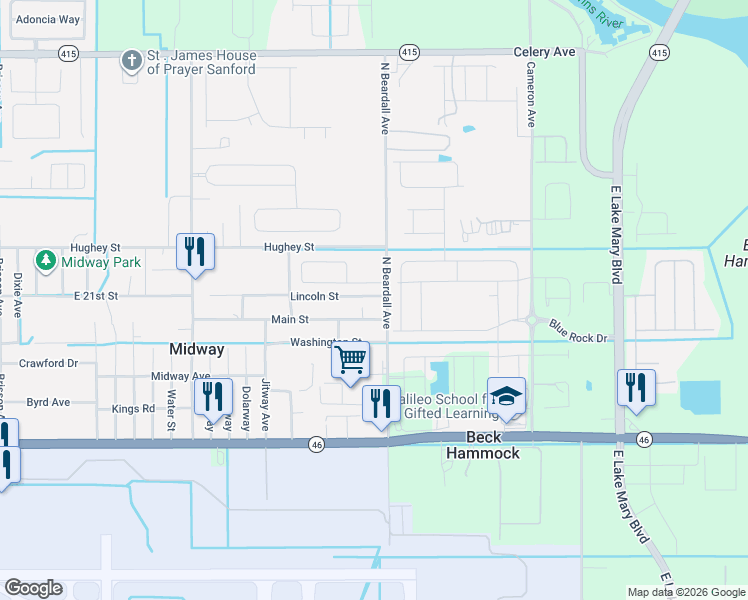 map of restaurants, bars, coffee shops, grocery stores, and more near 3623 Lazy River Terrace in Sanford