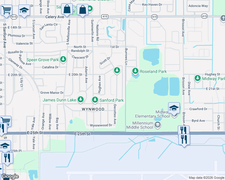 map of restaurants, bars, coffee shops, grocery stores, and more near 154 Cedar Ridge Lane in Sanford