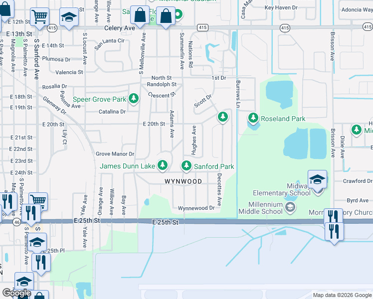 map of restaurants, bars, coffee shops, grocery stores, and more near 2021 South Summerlin Avenue in Sanford