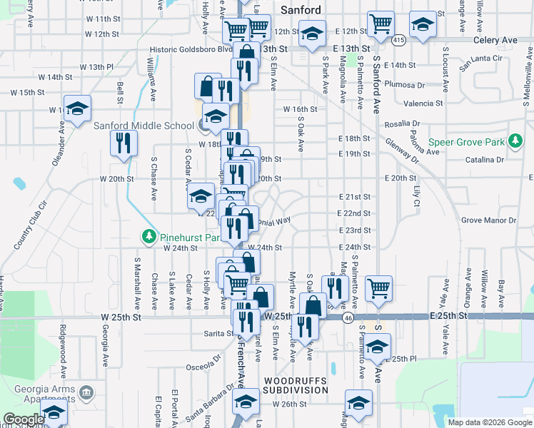 map of restaurants, bars, coffee shops, grocery stores, and more near 2103 Amelia Avenue in Sanford