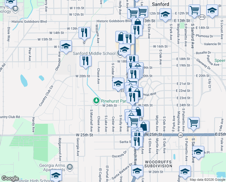 map of restaurants, bars, coffee shops, grocery stores, and more near 2015 South Cedar Avenue in Sanford