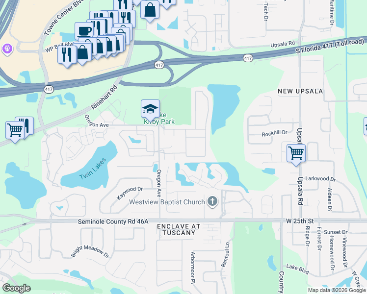map of restaurants, bars, coffee shops, grocery stores, and more near 1122 Travertine Terrace in Sanford