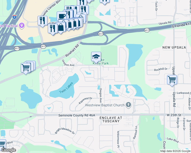 map of restaurants, bars, coffee shops, grocery stores, and more near 1310 Twin Trees Lane in Sanford