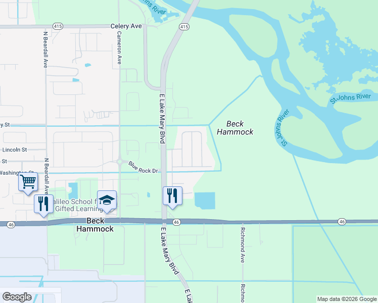 map of restaurants, bars, coffee shops, grocery stores, and more near 2771 Trommel Way in Sanford
