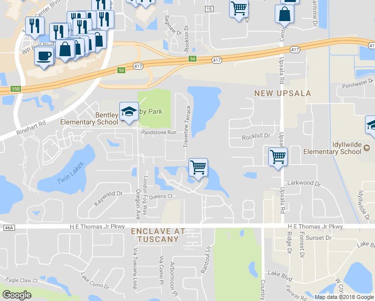 map of restaurants, bars, coffee shops, grocery stores, and more near 1304 Travertine Terrace in Sanford