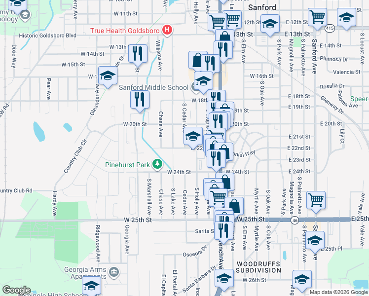 map of restaurants, bars, coffee shops, grocery stores, and more near 2415 South Cedar Avenue in Sanford