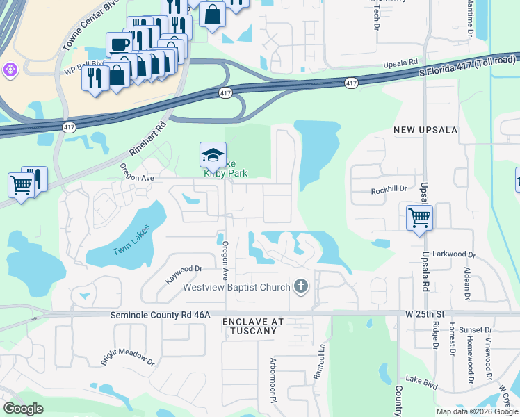 map of restaurants, bars, coffee shops, grocery stores, and more near 1122 Travertine Terrace in Sanford