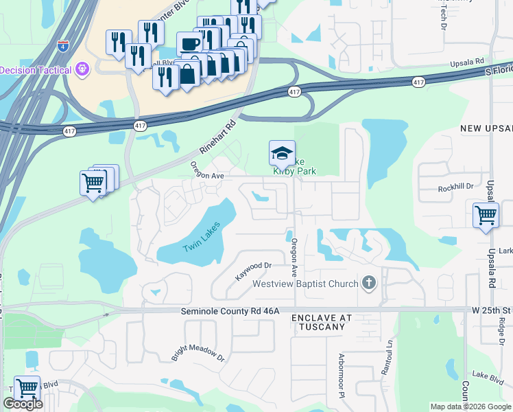 map of restaurants, bars, coffee shops, grocery stores, and more near 1111 Long Oak Way in Sanford
