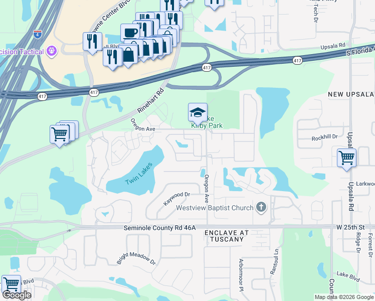 map of restaurants, bars, coffee shops, grocery stores, and more near 1251 Long Oak Way in Sanford