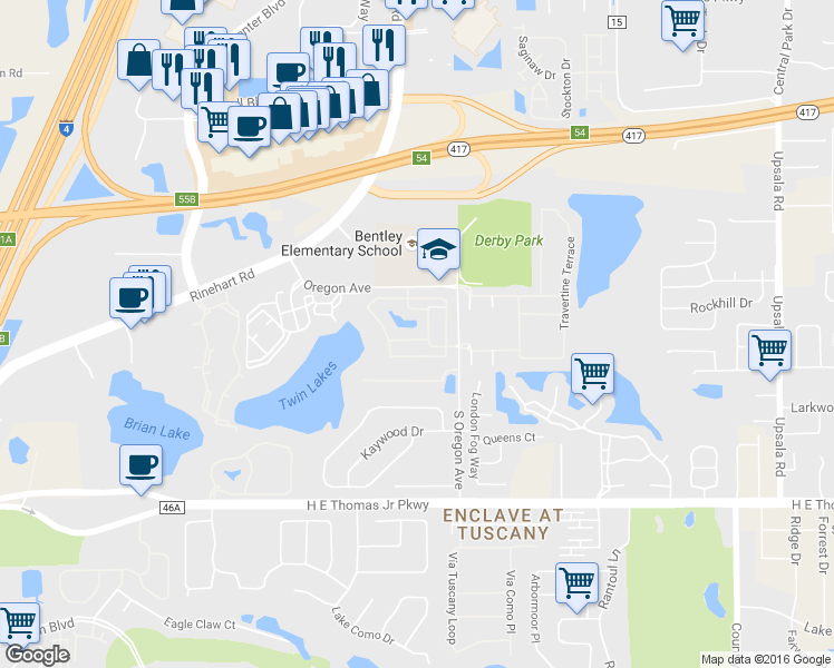 map of restaurants, bars, coffee shops, grocery stores, and more near 1310 Twin Trees Lane in Sanford