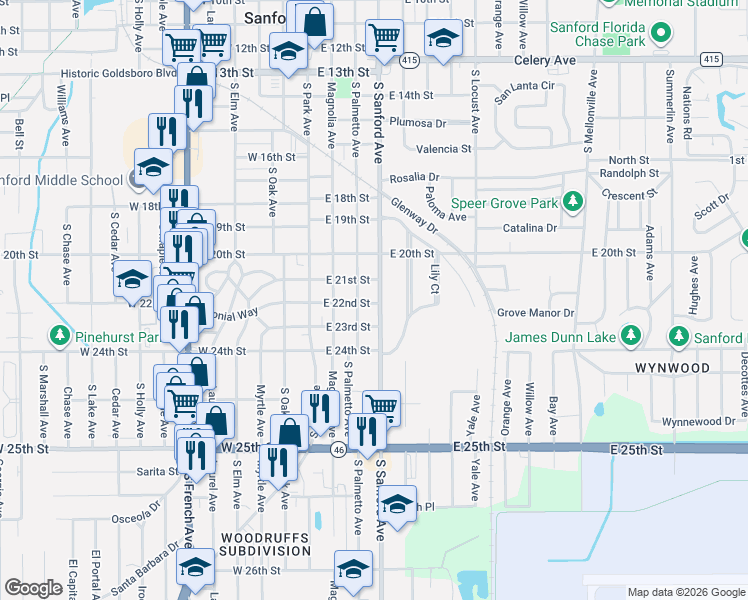 map of restaurants, bars, coffee shops, grocery stores, and more near 2105 South Palmetto Avenue in Sanford
