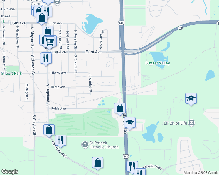 map of restaurants, bars, coffee shops, grocery stores, and more near 1731 Dorset Drive in Mount Dora