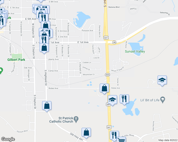 map of restaurants, bars, coffee shops, grocery stores, and more near 1620 Dorset Drive in Mount Dora