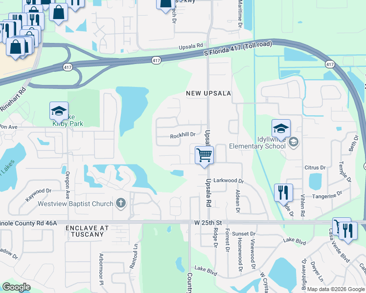 map of restaurants, bars, coffee shops, grocery stores, and more near 115 Monterey Oaks Drive in Sanford