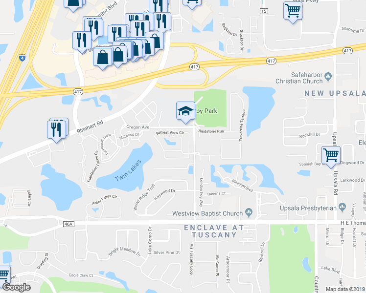 map of restaurants, bars, coffee shops, grocery stores, and more near 1310 Twin Trees Lane in Sanford
