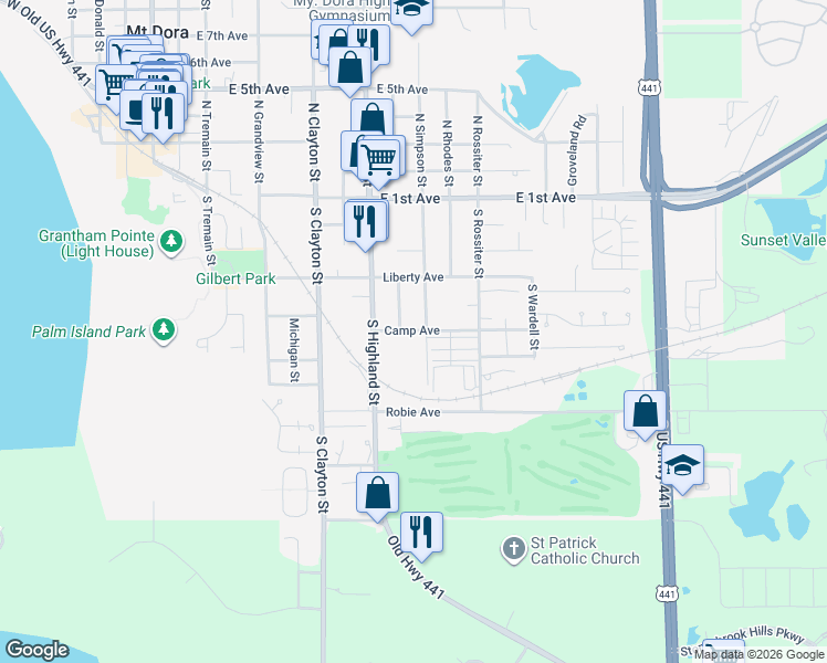 map of restaurants, bars, coffee shops, grocery stores, and more near 1019 Camp Avenue in Mount Dora