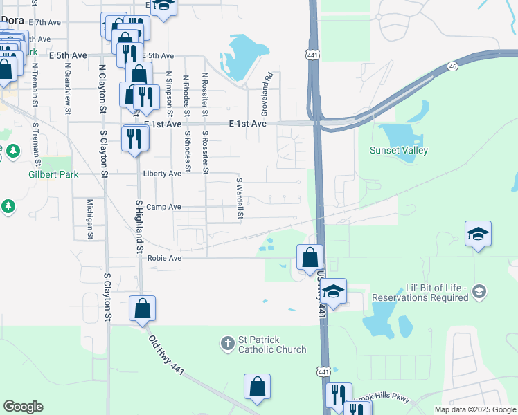 map of restaurants, bars, coffee shops, grocery stores, and more near 1620 Dorset Drive in Mount Dora
