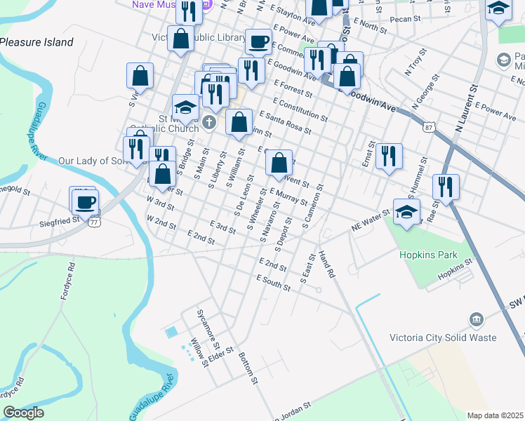 map of restaurants, bars, coffee shops, grocery stores, and more near 501 East River Street in Victoria