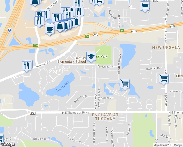 map of restaurants, bars, coffee shops, grocery stores, and more near 1310 Twin Trees Lane in Sanford