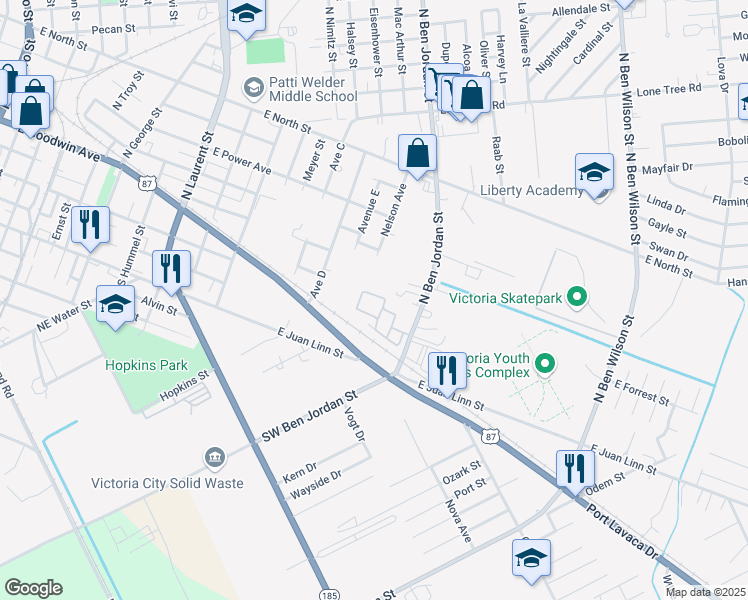 map of restaurants, bars, coffee shops, grocery stores, and more near 101 South Ben Jordan Street in Victoria