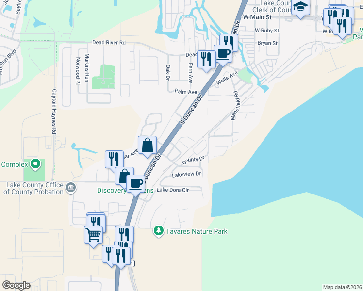 map of restaurants, bars, coffee shops, grocery stores, and more near 1404 Ridge Road in Tavares