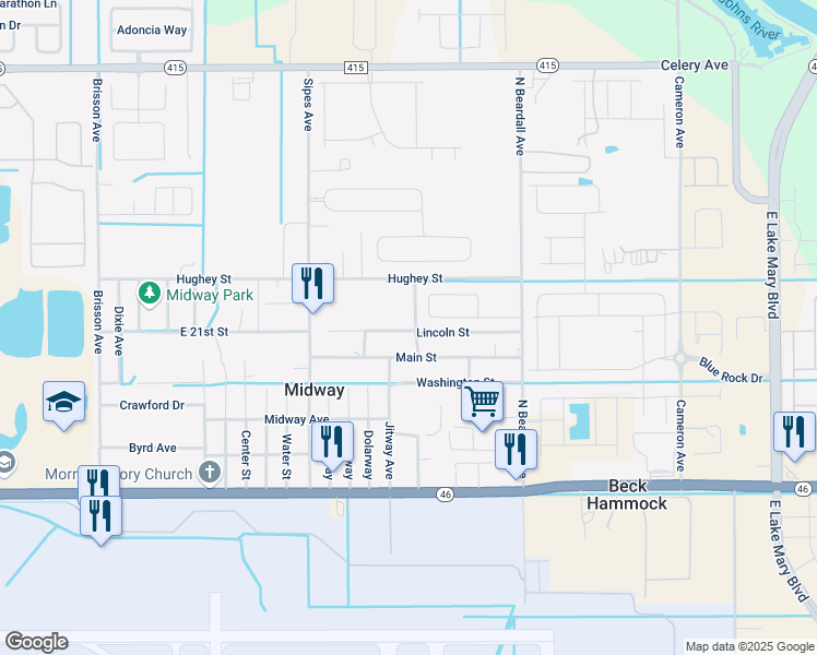 map of restaurants, bars, coffee shops, grocery stores, and more near 2250 Deepwater Avenue in Sanford