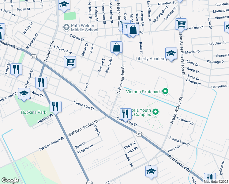map of restaurants, bars, coffee shops, grocery stores, and more near 103 North Ben Jordan Street in Victoria