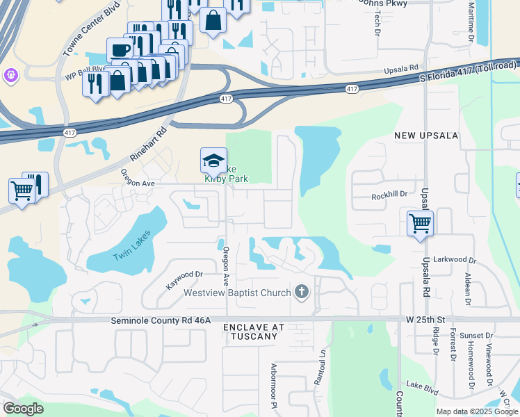 map of restaurants, bars, coffee shops, grocery stores, and more near 1122 Travertine Terrace in Sanford