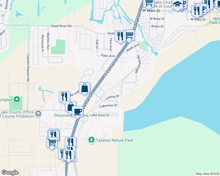 map of restaurants, bars, coffee shops, grocery stores, and more near 1404 Ridge Road in Tavares