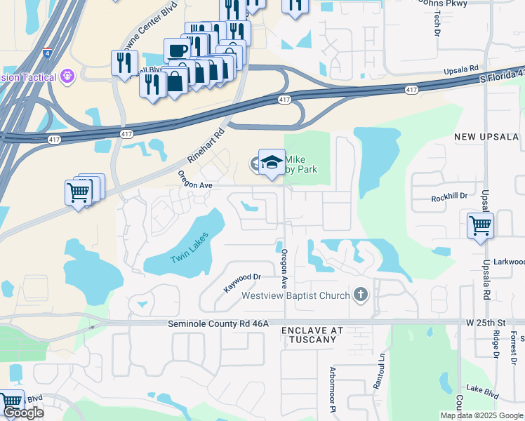 map of restaurants, bars, coffee shops, grocery stores, and more near 1310 Twin Trees Lane in Sanford