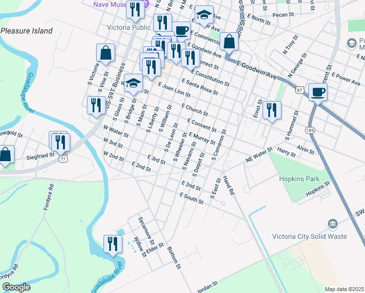 map of restaurants, bars, coffee shops, grocery stores, and more near 501 East River Street in Victoria