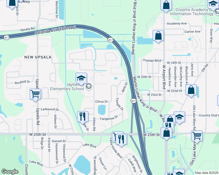map of restaurants, bars, coffee shops, grocery stores, and more near 312 Satsuma Dr in Sanford
