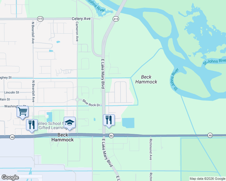 map of restaurants, bars, coffee shops, grocery stores, and more near 2540 Bullion Loop in Sanford