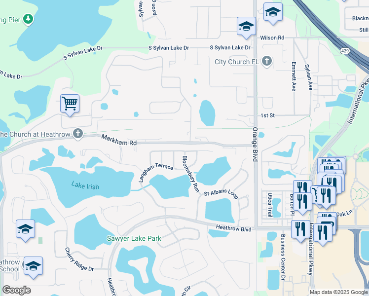 map of restaurants, bars, coffee shops, grocery stores, and more near 1502 Saint Edmunds Place in Lake Mary