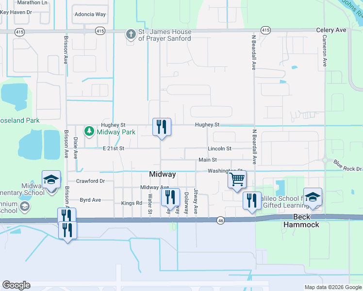 map of restaurants, bars, coffee shops, grocery stores, and more near 3300 Lincoln Street in Sanford