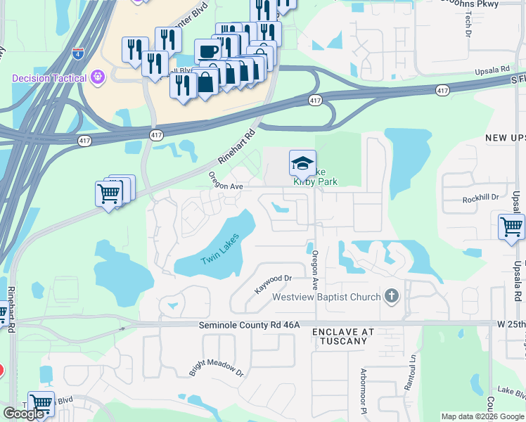 map of restaurants, bars, coffee shops, grocery stores, and more near 1821 Retreat View Circle in Sanford