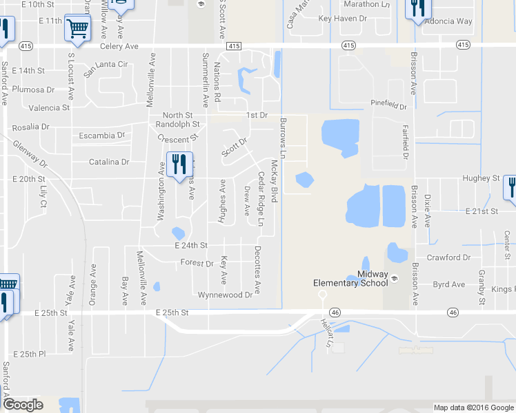 map of restaurants, bars, coffee shops, grocery stores, and more near 154 Cedar Ridge Lane in Sanford