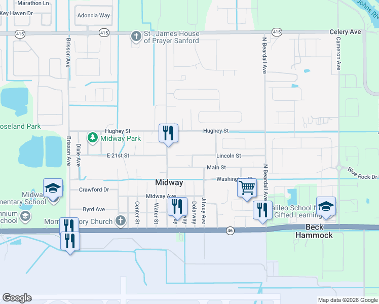map of restaurants, bars, coffee shops, grocery stores, and more near 3300 Lincoln Street in Sanford