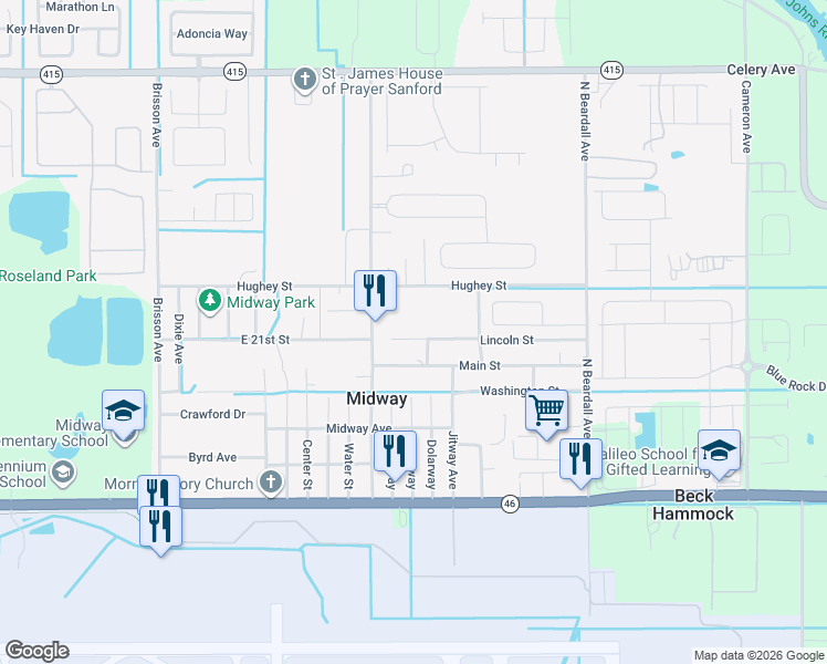 map of restaurants, bars, coffee shops, grocery stores, and more near 3300 Lincoln Street in Sanford
