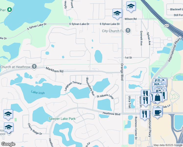 map of restaurants, bars, coffee shops, grocery stores, and more near 1502 Saint Edmunds Place in Lake Mary